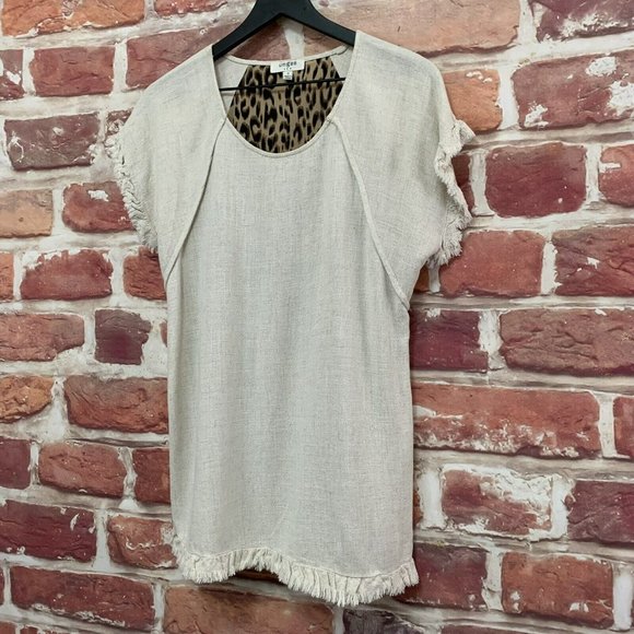 UMGEE WOMEN'S CREAM & BROWN MULTICOLOR LEOPARD ANIMAL PRINT FRINGE BLOUSE - Picture 2 of 7